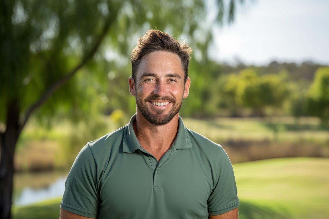 A guy with golf course behind him.